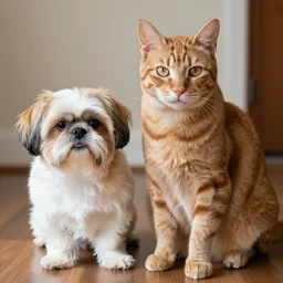beautiful ginger, tabby, cat hybrid with a shih tzu dog