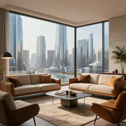 high resolution concept art of an apartment living room overlooking a large futuristic city with floor to ceiling windows and mid century modern furniture cinematic lighting cgsociety