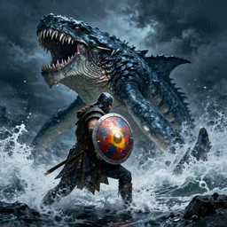 warrior with shield fighting a kraken monster during a stormy night, rule of thirds, nestor canavarro hyperrealist, sharp outlines, cinematic style, lot of foam