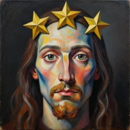 Intricate five star Master Wizard facial portrait by Pablo Picasso, oil on canvas, HDR, high detail, Photo realistic, hyperrealism,matte finish, high contrast, 3d depth, Centered, masterpiece, vivid and vibrant colors, enhanced light effect, enhanced eye detail,artstationhd