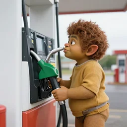 a troll drinking fuel from a pump in a gas station. high quality sharp focus, beautiful volumetric light. photograph by tooth wu, wlop, beeple, dan mumfor, octane render, artstation