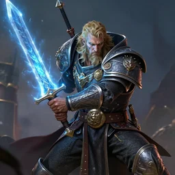 leman russ from warhammer fighting holding a glowing blue frost sword, ultrarealistic, epic, intricate detail by greg rutkowski