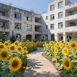 a brutalist plaza blooming with sunflowers in the style of monet