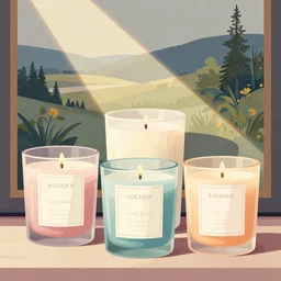 illustration with a set of beautiful scented candles, close - up photo in cozy interior, pinterest, an art deco painting by tom whalen, trending on behance, art deco, digital illustration, storybook illustration, grainy texture, flat shading, vector art, airbrush, pastel, watercolor, poster