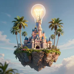 the disney castle surrounded by giant palm trees on a giant floating island in the sky, giant realistic light bulb glowing in the sky, cinematic, digital art by erik johansson, 8 k resolution, hyper detailed, sharp focus