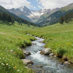 small river, creek, high mountains, green meadow, alps, digital painting, photorealism, hudson river school, realistic lighting, idyll