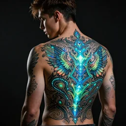 extremely beautiful and handsome young man. pinballpunk. he has beautiful, elegant bioluminescent tattoos on his back. tattoos have jewel tones, gradients, intricate line work. professional photography in a dark room, zero flash, light only comes from tattoos.