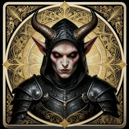 head-on symmetrical centered painted portrait, goblin assassin, black leather armour, art nouveau, tarot card style, complex fractal tarot card background, fantasy, intricate, elegant, highly detailed, smooth, sharp focus, illustration, artstation, in the style of Artgerm and Anna Podedworna and Alex Ross and Mucha