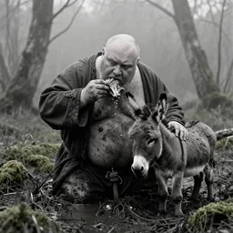 1 9 7 0 s movie still by tarkovsky of one giant obese old bald man eating meat in dirty medieval clothes with one tiny donkey in a mossy swamp, cinestill 8 0 0 t 3 5 mm b & w, heavy grain, high quality, noir, natural textures, photorealistic, ambient occlusion, hd, mud, fog, criterion collection - w 1 0 0 0