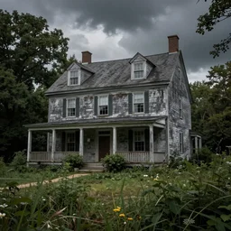 ultra realistic photo of a run - down colonial home in the overgrown new england countryside, highly detailed, dark, atmospheric, brooding