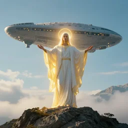 shining god, on a mountain, with head spaceship in the background