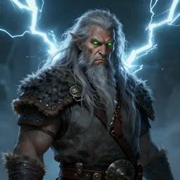 an older half - orc shaman with long wiry grey hair, glowing green eyes, lightning in background, character concept art, artstation, digital art