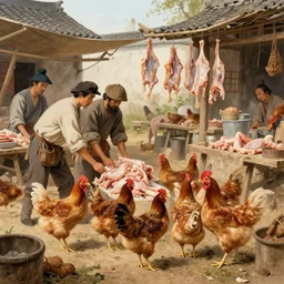 Chickens being prepared for slaughter in an 18th century Chinese market, artwork by Craig Mullins, trending on artstation