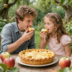 Adam and Eve eating apple based pie in the eden garden.