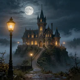victorian fantasy city on a hilltop at night time with old style gas lamps and a glowing moon rising over the misty forest. detailed, painterly, realistic and cinematic with an art deco style by mandy jurgens and beeple