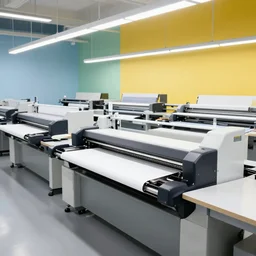 a beautiful print house, modern machines, colored walls, sharp, hyper - detailed, 8 k resolution, good lighting