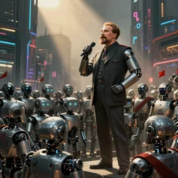 robot revolutionary speaking to a crowd of robots amid the backdrop of a cyberpunk city, in the socialist realist style of lenin speaking to the red army by isaac brodsky