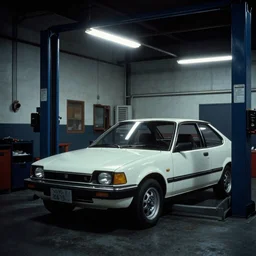1985 Honda Civic, inside of an unlit 1970s auto repair garage, ektachrome photograph, volumetric lighting, f8 aperture, cinematic Eastman 5384 film