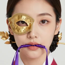 close up portrait of a one korean woman, gold leaves, violet silk threads, venetian masks, mouth gags, fashion magazine, portrait photography, annie leibovitz, david lazar, 1 0 5 mm, in autumn, 8 k hd, detailed
