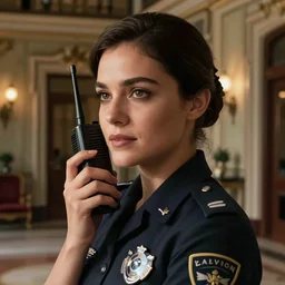 cinematography closeup of a beautiful woman cop talking to her shoulder radio in an decadent mansion foyer by Emmanuel Lubezki
