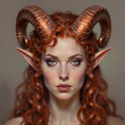 A head-on, symmetrical detailed oil portrait of an elf woman with curly copper horns and bright eyes, by greg rutkowski, trending on artstation, dungeon and dragons art