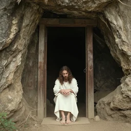 sad jesus sits on a entrance from a cave