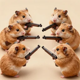 highly detailed image of hamsters in a battle, hamsters, hamsters holding rifles, stephen bliss, unreal engine, fantasy art by greg rutkowski, global illumination, radiant light, detailed and intricate environment