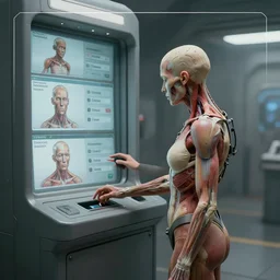sadie sink as a miner in a minimalist automated kiosk with options to choose from. storyboard, scifi cyberpunk. by gabriel hardman, joe alves, chris bonura. cinematic atmosphere, detailed and intricate, perfect anatomy