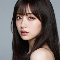 professional upper body photograph of female japanese model in emo makeup, long hair, fringe. pretty and detailed eyes