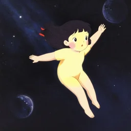 full body portrait of a young girl drifting away in space views from a distance, colorful, cute face by mika pikazo, yoshinari yoh, mai yoneyama, dynamic pose, ( kyoani ), rounded eyes, illustration, christopher balaskas, anime poster, mads berg, textured, shading