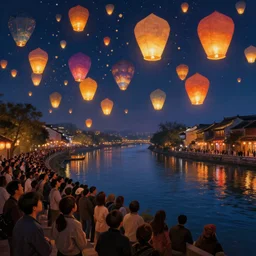 paper lanterns glowing in many colors floating above a river at night, crowd watching. beautiful digital detailed landscape painting, 8k, award winning, hyperrealism matte painting trending on artstation