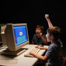 photorealistic cinematography still of a kids cheering on an 8 bit video game with excitement in front of photorealitsic a digital vt 1 0 0 1 9 8 0's computer terminal sitting on desk surrounded by nothing in a pitch black soundstage shot on eastman 7 2 4 7 1 6 mm film with a cooke panchro 6 5 mm macro lens in a dark soundstage