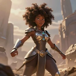 an afrofuturistic warrior in battle, pixar animation style, cinematic, divine, ineffable, strong, powerful, stunning, majestic, beautiful, godly, amazing