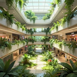 Interior of an abandoned shopping mall overgrown with plants, rendered by Beeple, by Makoto Shinkai, synthwave style, environment concept, digital art, unreal engine, WLOP, trending on artstation, 4K UHD image,