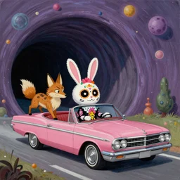 matte sharp painting, 1 9 6 6 amc marlin lowrider, driven by a cute fluffy dia de los muertos female bunny, her friend the cunning coyote, through a quantum wormhole, juxtapoz, artforum, storybook, gary baseman, preston blair, tex avery, dan mumford, pedro correa