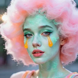 facial portrait of a french girl with translucent gelatin candy skin and mint smeared makeup, cotton candy hair, orange juice tears, a happy sugar background, lens flare, rain, deep focus, d & d, intricate, elegant, highly detailed, photo, 9 0 s, artstation, 8 k, sharp focus, octane, unreal engine 5, global illumination, radiant