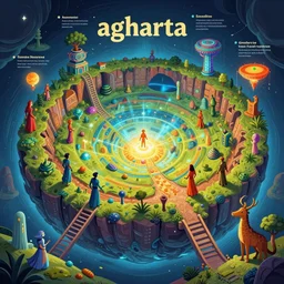 agharta, land of advanced races, hollow earth infographic with illustrations, vibrant colours, dynamic lighting, digital art, fantastically beautiful, illustration, aesthetically inspired by leonardo da vinci, trending on artstation, art by by philippe druillet, albrecht durer, konstantinas ciurlionis, sir john tenniel, 8 k