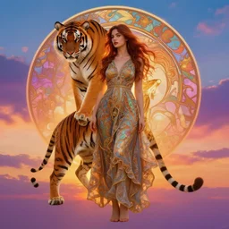 illusionary art tiger sunset psychedelic trippy gorgeous beautiful pretty girl in the sky by victo ngai hyperrealism alphonse mucha