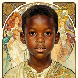 colourful upper half portrait of an african boy - art by aya takano & alphonse mucha, magazine collage, highly detailed, digital painting, illustration, smooth, sharp focus, intricate, clustered, busy, pinterest, behance,