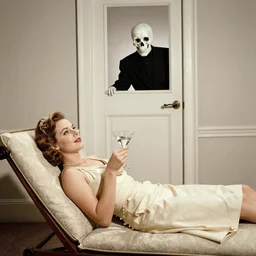 1940s diva laying on a chaise longue having a martini. death comes through the door