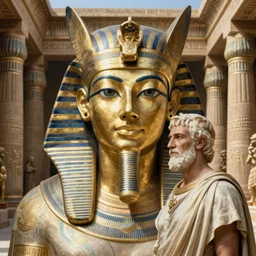Cleopatra meets Julius Caesar in glorious Egyptian temple, symmetrical face, beautiful eyes, fine art, high quality realist painting, realism, museum quality work, digital art, art style of John Collier, Moebius, Studio Ghibli, hyperrealistic, detailed, cinematic, widescreen, 4K