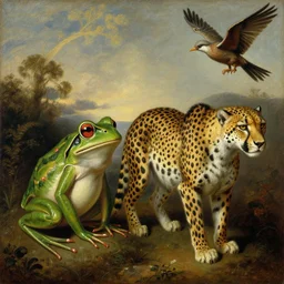 alien frog, cheetah, and bird. strange anatomy. pulp sci - fi art. baroque period, oil on canvas