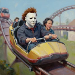 painting of Michael Myers having fun in a roller coaster, sharp focus, trending on ArtStation, masterpiece, by Greg Rutkowski, by Ross Tran, by Fenghua Zhong, octane, soft render, oil on canvas, colorful, cinematic, environmental concept art