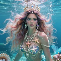 kendall jenner portrait, fantasy, mermaid, hyperrealistic, game character, underwater, highly detailed, sharp focus, cinematic lighting, pearls, glowing hair, shells, gills, crown, water, highlights, starfish, jewelry, realistic, digital art, pastel, magic, fiction, ocean, king, colorful hair, sparkly eyes, fish, heroic, goddess, waves, bubbles, queen