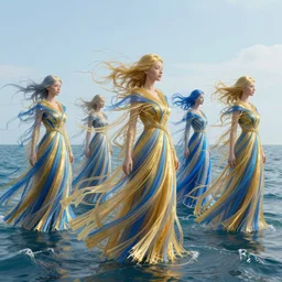five long, flowing cloaks made of millions of thin ribbons and threads of translucent gold and blue in branching structures that are twisting, swirling, unraveling, and pulling apart in the wind of a far ocean, unreal engine