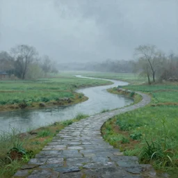 a gorgeous bleak spring landscape painting by barlowe wayne maxfield parrish and marco mazzoni. chinese field by the river!! rainy mood. grey blue and very little light verdancy. wet winding stone steps. ultra clear detailed. 3 d, octane render. fog, 8 k