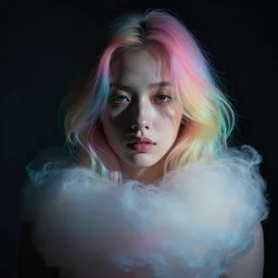 dramatic lighting portrait of a beautiful! young woman with very light skin and rainbow colored cotton candy hair. moody and melancholy. dark background with powerful rim light. digital art by beeple