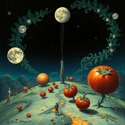 tomato land by beeple, artgerm, salvador dali, bruce pennington, frank, stella, makoto shinkai, angus mckie, alex grey, don bluth, ernst haeckel, chris moore, kaja foglio, andre masson, dr. suess, brian despain, chesley bonestell. symbolism, surrealism, artstation,