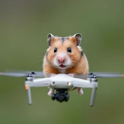 a scared hamster flying on a drone in the air