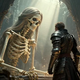 a wide shot of a giant skelletal girl staring at a armored guy, fantasy art, low aperture,photorealistic, beautiful ambience, global illumination, 8k post-processing highly detailed, hyper realistic, film grain,god rays